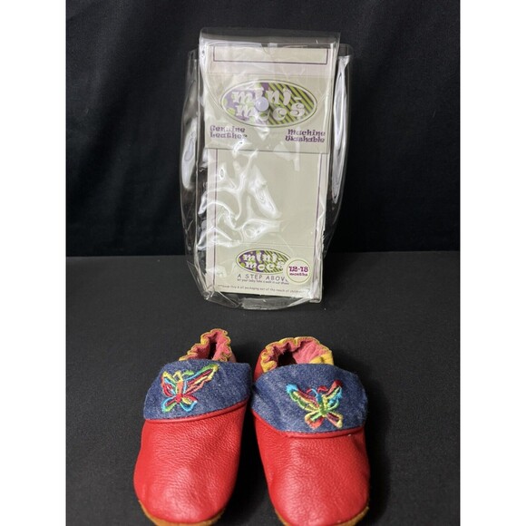 Mini-Mocs Infant Moccasin Shoes 12-18 Months Y2K Butterfly Leather Red + Denim - Picture 7 of 8